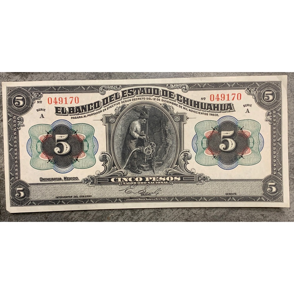 Mexico 5 Pesos, Serie A, 1913 UNC AU Banknote, lot of 4 - Picture 5 of 14